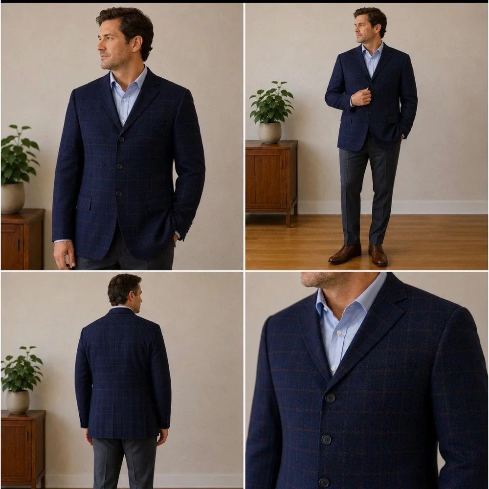 Stafford Big & Tall Navy Windowpane Wool Cotton Blazer Sport Coat‎ 52L New